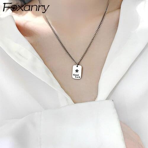 Foxanry 925 Sterling Silver Trendy Necklace for Women Vintage Simple Rectangular Letter Pendant Birthday Party Jewelry Gifts