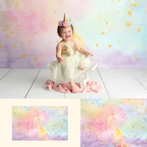 Dreamy Girl - Newborn Portrait Photo Backdrops Rainbow Color Glitter Gold Star Background Girls Art Photo Studio Backdrop