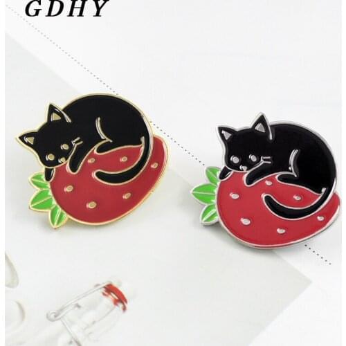 GDHY Cartoon Black Cat Brooch Cat Hug Strawberry Animal Enamel Pins women Backpack Shirt Denim Button Badge Spille Gift
