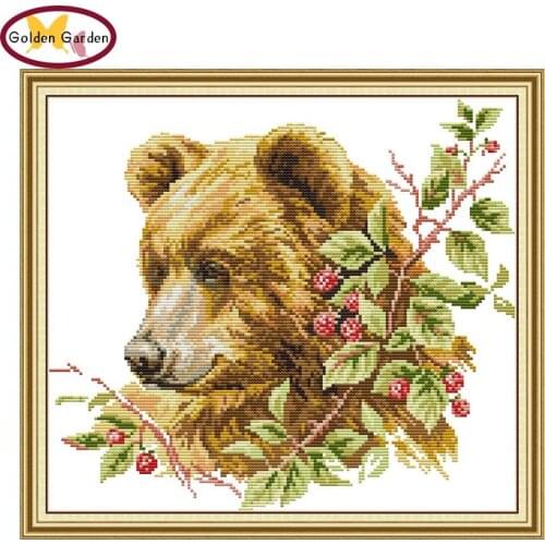 GG Brown Bear Animail Joy Sunday Painting Cross Stitch Pattern Embroidery Needlework Cotton Canvas Cross Stitch for Home Decor