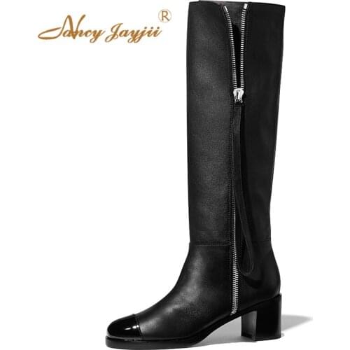Black Ladies Long Winter Booties Shoes Cap Round Toe Knee High Boots Woman High Chunky Heels Zipper Small Size 33 35 Warm Mature