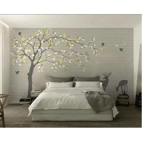 Beibehang Custom wallpaper mural flowering tree flying birds brick wall elk background wall wall waterproof wall cloth wallpaper