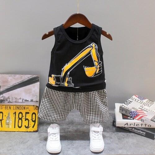 Children New Cartoon Clothes Baby Girls Boys cartoon Print Vest plaid Shorts 2Pcs/set Kids Infant Outfit Toddler Casual Clothing