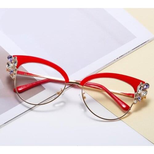 Anti Blue Light Glasses Blocking Filter Crystal Cat Eye Glasses Women Half Frame Red Eyeglasses Optical Fashion Computer Glasses