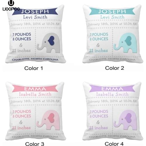 Custom Baby Birth Stats Elephant Nursery Boy / Girl Throw Pillow Cover Soft Polyester Home Decorative Cushion Cover For Babyroom