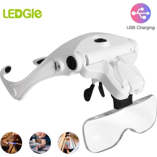 LEDGLE USB Rechargeable Loupe Glasses LED Light 1.0X 1.5X 2.0X 2.5X 3.5X Adjustable 5 Lens LED Wearing Magnifier Glass Lamp 2021