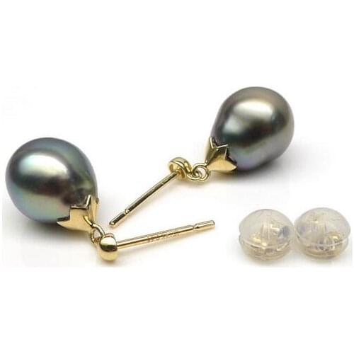 Luminous 9*11mm Real Tahitian Cultured Green Pearl Drop Earrings 14K Yellow Gold