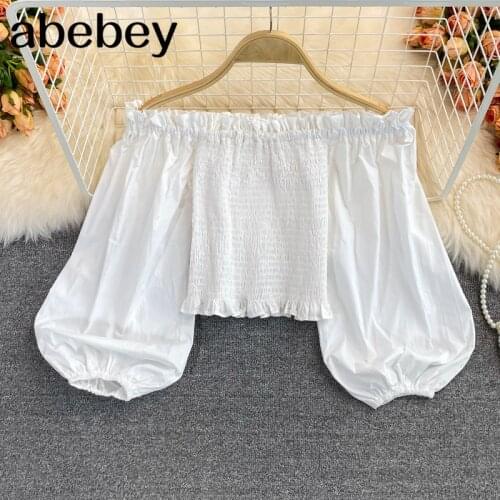 2021 New Spring Autumn Korean slash neck puff sleeve Shirt Edible Tree Fungus edge high waist pleated solid short Shirt Top