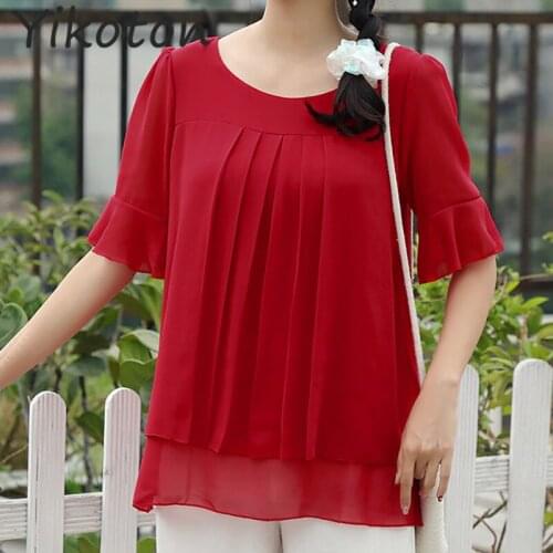 2021 Summer Blouse Shirt Fashion Short Sleeve Ladies Loose Chiffon Soild Shirts O-Neck Casual Tops Plus Size 5XL Blusas Chemise