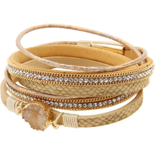 Retro Women Multi Layer Rhinestone Round Charm Faux Leather Rope Bracelet Bangle fashion