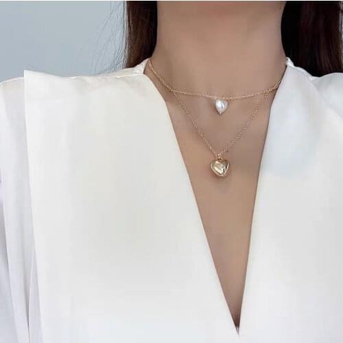 Imitation Pearl Heart Pendant Necklace for Women Gold Color Clavicle Chain Double Chains Short Necklaces Female Fashion Jewelry
