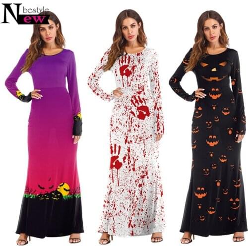 Halloween 3D Digital Printing Pumpkin Lantern Party Dress Women Halloween Costume Long Sleeve Cosplay Maxi Dress Scary Costume