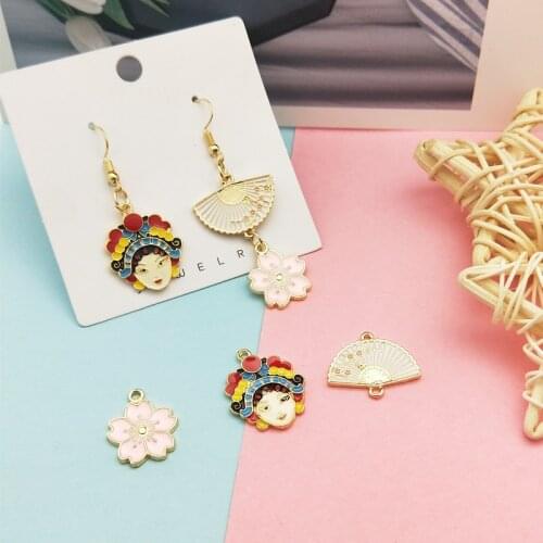 10pcs/lot Peking Opera Girl Flower Enamel Charms Drop Oil Alloy Fan Connector Pendants Earring Bracelet Jewelry Accessory YZ646