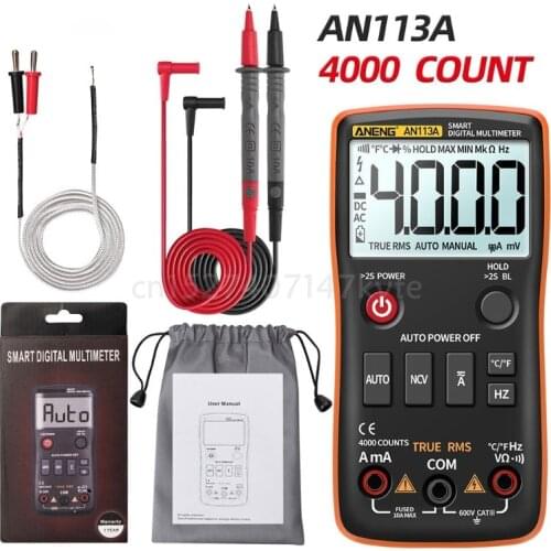AN113A Digital Multimeter True RMS with Temperature Tester 4000 Counts Auto-Ranging AC/DC Transistor Voltage Meter
