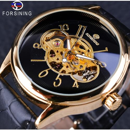 Forsining Creative Skeleton Black Golden Display Mens Openwork Watch Top Brand Luxury Mechanical Wristwatch Transparent Case