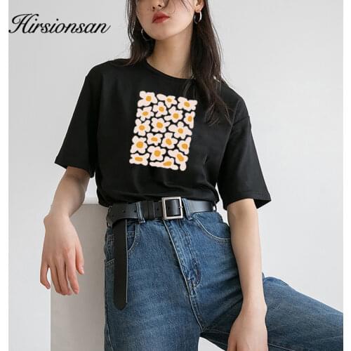Hirsionsan Little Daisy Print T Shirt Women 2021 New Basic 100% Cotton Summer Tops for Girl Korean Sweet Short Sleeve Female Tee