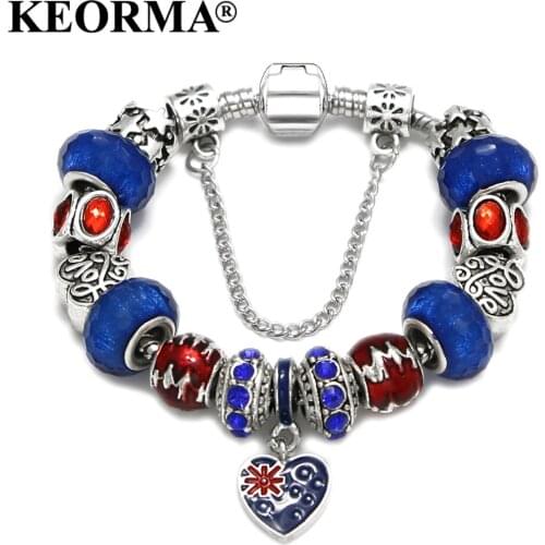 KEORMA UK Flag Charm Bracelet with Blue & Red Murano Glass Heart Beads fit Eoropean Bracelet & Bangle Trendy Party Jewelry KM351