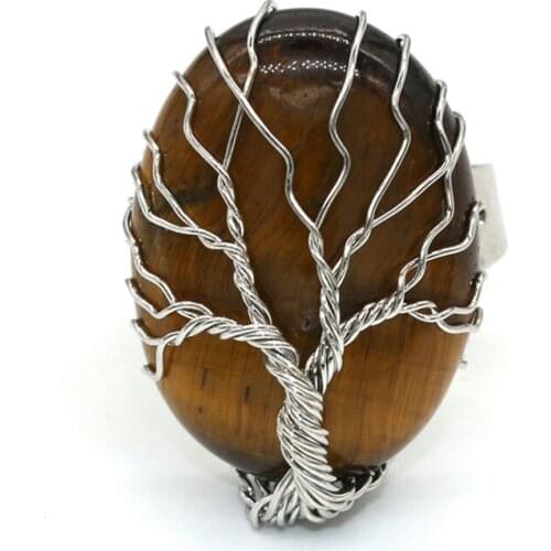 KFT Handmade Wire Wrapped Oval Shape Resizable Finger Ring Natural Tiger Eye Stone Ring For Women Party Wedding Jewelry