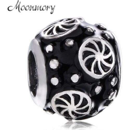 Moonmory 925 Sterling Silver Charm Black Enamel Wheels & Dots Round Bead Fit Women Brand Bracelet and Bangle Diy Jewelry Marking