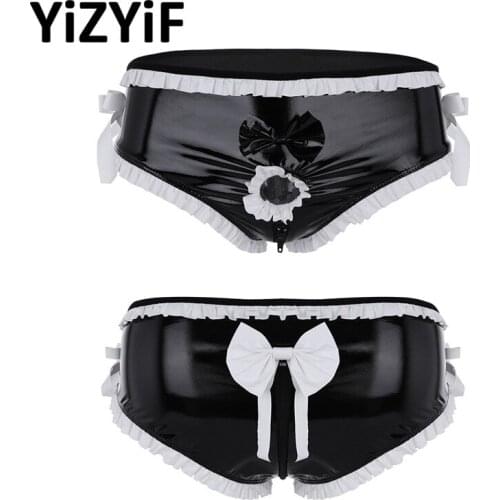 Shiny Gay Men Underwear Lingerie Hole Open Front Penis Male Ring Ruffled Trim Bowknot Zipper Crotch Sissy Bikini Briefs Panties