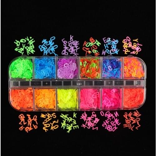 12 Grids Neon Letter Sequins Glitter Nail Decorations Paillette Mixed Letter Glitter Flakes Slices Nail Art Manicure Accessories