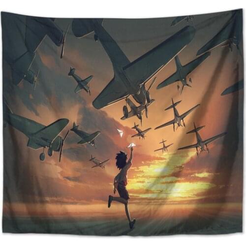 New animation art wind dream paper plane tapestry tapestry background cloth architecture scenery big whale home room decoration
