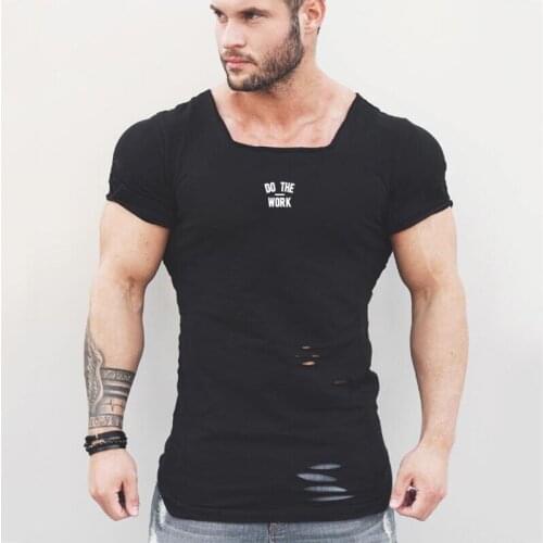 New Summer Fitness Clothing Compression T Shirt Men Ripped Hole T-shirts Mens Slim Fit Tees Mens Hip Hop Gyms Tight Tshirt