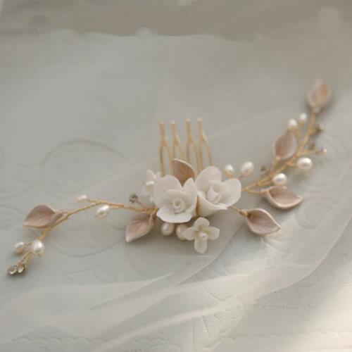 New Arrive White Ceramic Flowers Bride Hair Comb Shiny Crystal Wedding Hair Accessories Jewelry