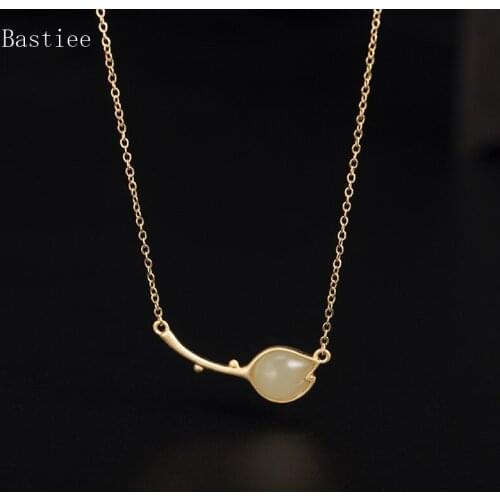 Bastiee Jade Necklace Tulips Pendant Silver 925 Jewelry For Women Flower Link Chain Chinese Vintage Gold Plated