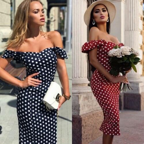 2020 New Fashion BOHO Women Off Shoulder Dot Slim Elegant Party Dress Summer Beach Midi Dress Holiday Sun Dresses