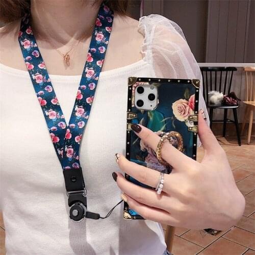 Luxury 3D Diamond Ring Bracket Square Rose Flower Phone case For Samsung S20 S10 9 Note20 10 A71 A51 With lanyard Silicone cover