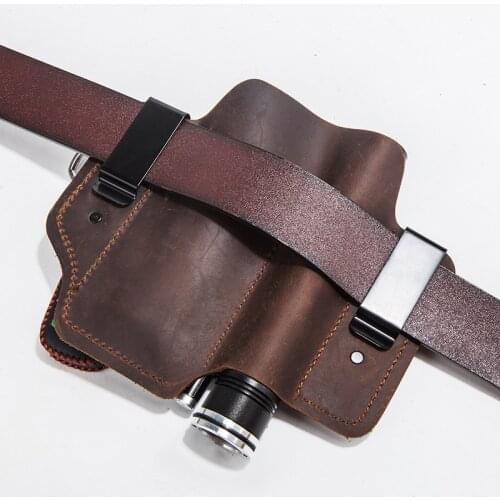 With Buckle EDC Outdoor Genuine Cowhide Leather Tool Knife Sheath Pockets Tactical Multitool Belt Holster Storage Bag Camping