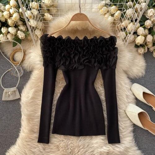 Sexy V-neck Women Off Shoulder Long Sleeve Sweaters Autumn Winter Pullovers Jumpers Ladies Low-cut Pull Femme Elastic Sweater