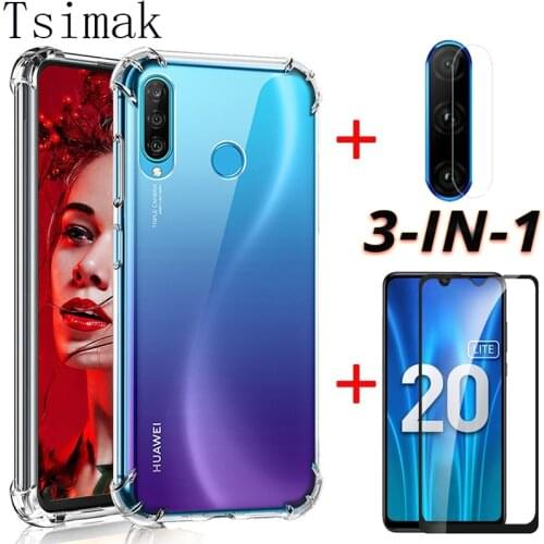 3-in-1 Silicone Case For Huawei P30 P20 Pro Honor 20 10 Lite 10i 20i 20s MAR-LX1H Tempered Glass Screen Protector Camera Film