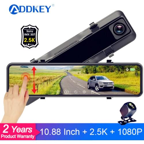 ADDKEY 10.88 inch IPS Touch Screen Dash Cam 2.5K+1080P Car DVR Camera Recorder Rear View Mirror Registrar Parking Monitor
