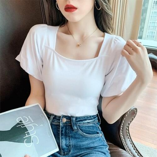 Square neck female T-shirt puff sleeve wild tee summer 2020 streetwear gothic vintage women tee outfits