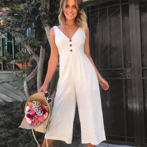 Female Long Jumpsuits Cotton Clothing Jumpsuit Casual Loose 2020 Summer Style Maxi v neck Women Backless Size Rompers Pants Tank