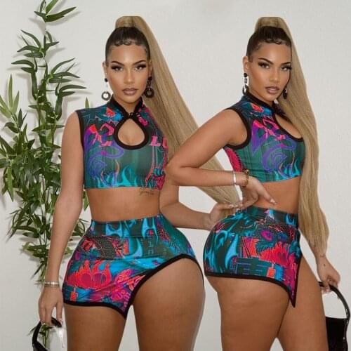 2Pcs Women Summer Sexy Outfit, Irregular Print Mandarin Collar Sleeveless Crop Tops + High-Waist Skirt for Girls, 3 Colors