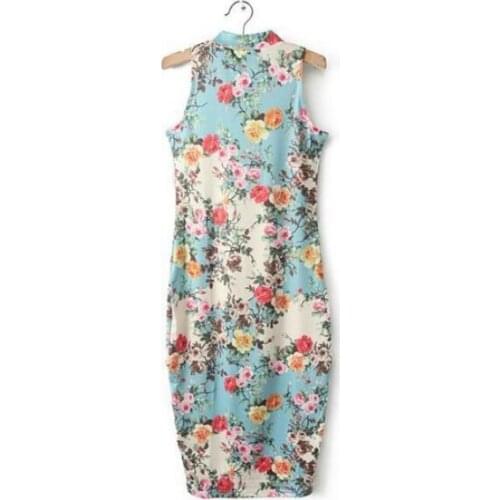 2021 Womens Floral Summer Dress Bodycon Midi Dress Mock Neck Sleeveless Dress Ladies Slim Fit Package Hip Dress