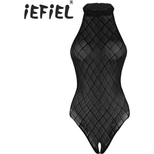 IEFiEL Women Lingerie Mock Neck Plaid See Through Mesh High Cut Open Crotch Leotard Bodysuit Nightwear Sexy Teddies Clubwear