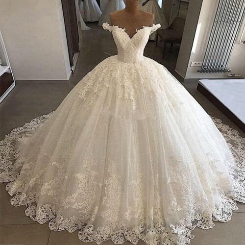 Lace Wedding Dress Vestidos De Novia Ball Gowns Lace Women For Bride Off The Shoulder Sparkly Tulle African Wedding Dresses