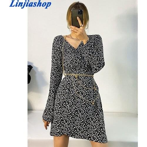 Vintage Leopard Print Women Dress Cross V Neck Long Sleeve A-Line Casual Summer Dress Short Vestido