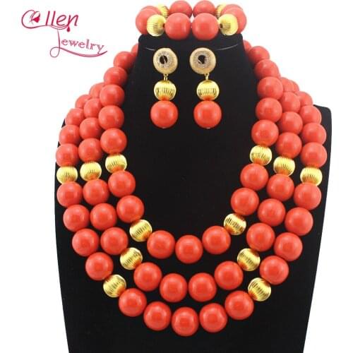 African nigerian Wedding beads necklace sets Red Coral Beads Big Round Bead Jewelry Set African Costume beads Jewelry Set E1079