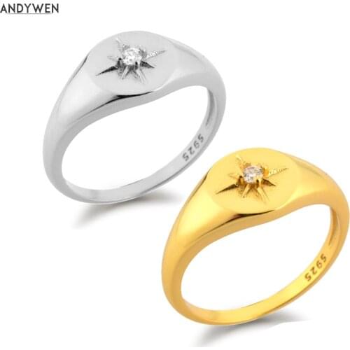 ANDYWEN 925 Sterling Silver Gold Star Zircon Shinny Round Thick RIngs Women Rock Punk Classic Fashion Jewelry 2021 Wedding
