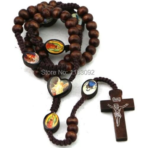 Free ePacket 36pcs/lot 3colors Catholic Christ Rosary - Wood Round Beads - Cross Crucifix Necklace Prayer wooden cross necklace