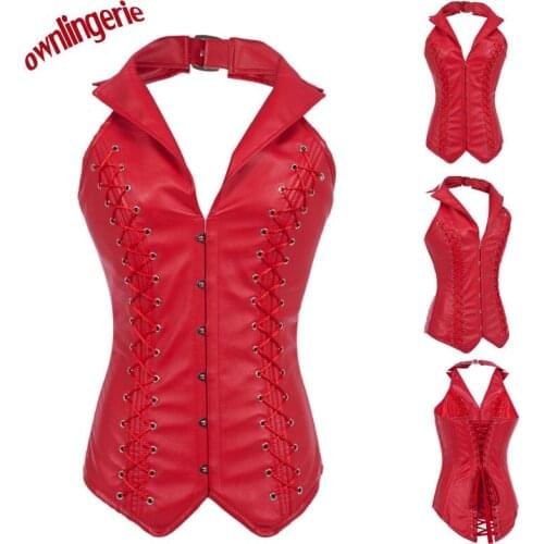 Free shipping Faux Leather Corsets Bustiers Zip Corset For Waist Trainer Steel Boned Corselet Overbust Cincher for women