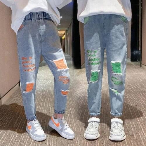 Colors Ripped Jeans for Kid Girls Denim Pants Children Girl Cotton Letter Embroidery Jean Trousers Kids Spring Casual Jean Pants