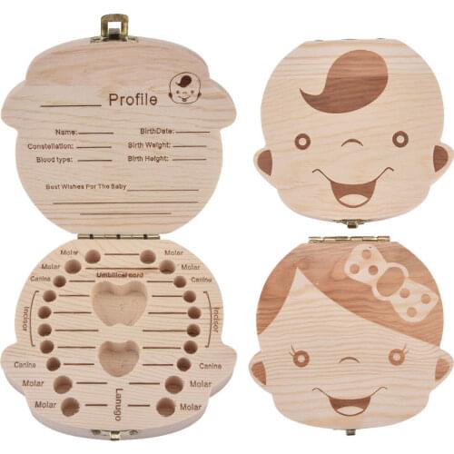 English Spanish Russia Text Baby Boy Girl Fallen Tooth Box Storage Natural Wood Case Save Milk Teeth Collection Organizer Holder
