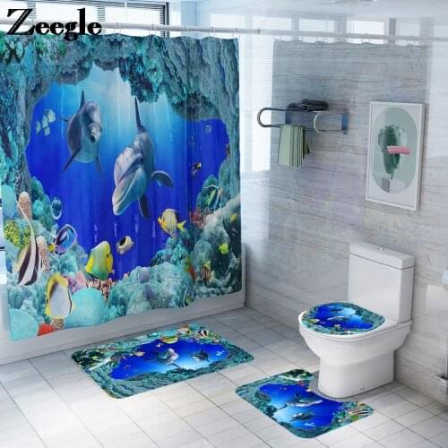 Sea World Pattern Bath Mats Shower Room Carpet Rug Bathroom Set with Bath Curtain Flannel Bathroom Floor Mat Bathroom Foot Mat