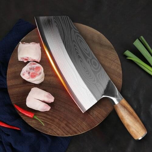 Kitchen Knife Damascus Laser Pattern Chinese Chef Knife Stainless Steel Butcher Knife Meat Cleaver with Wooden Handle